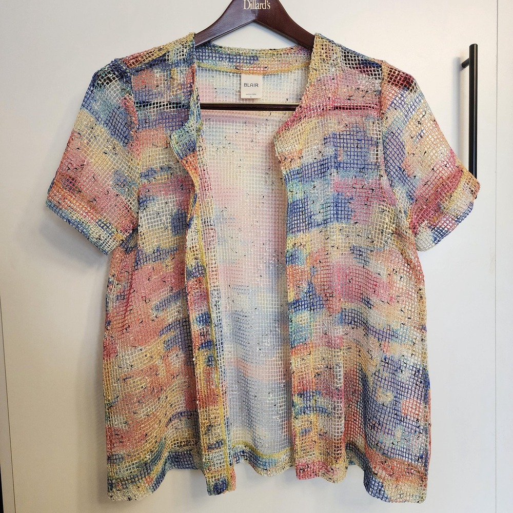 Blair Colorful Open Front Short Sleeve Open Knit Mesh Layering Top Small